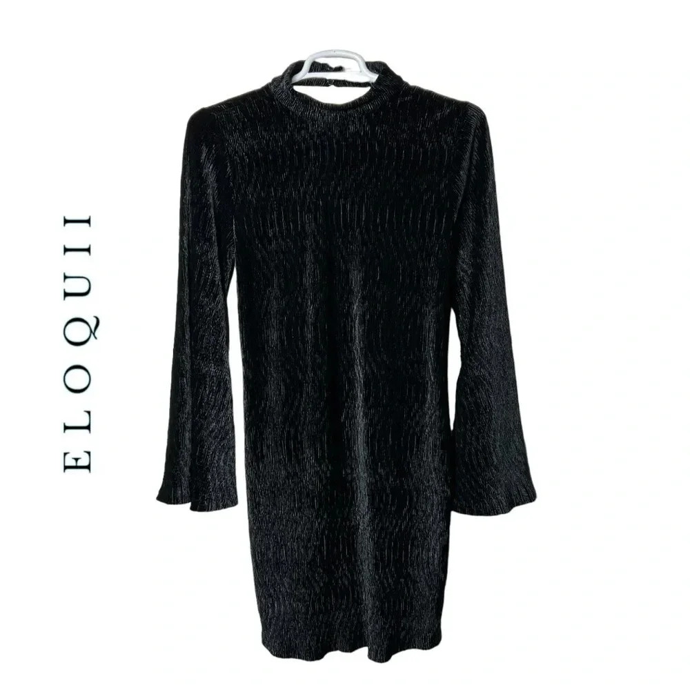 1700. ELOQUII LONG FLARE SLEEVE BODYCON RIBBED VELVET DRESS BLACK IN COLOR SZ 14